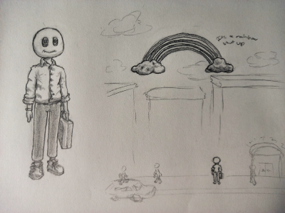 A drawing of a man and a rainbow