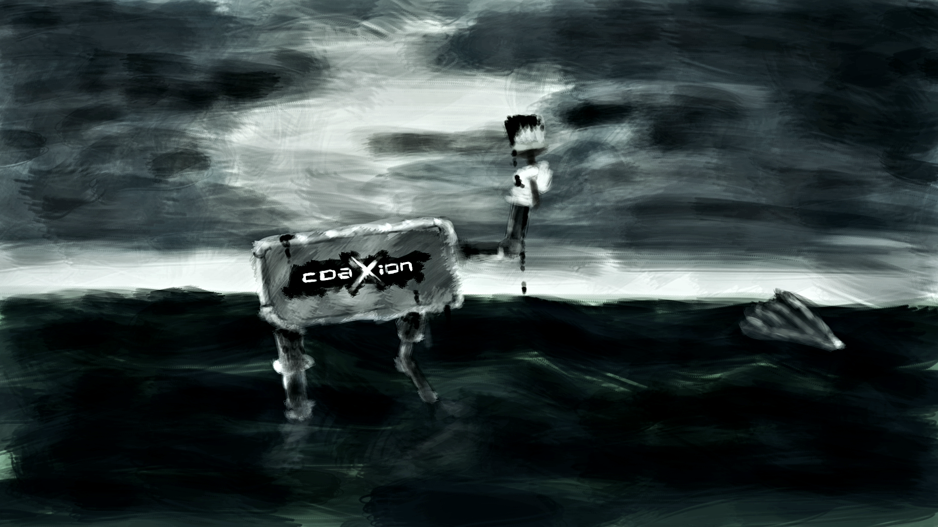 A sign in the middle of an ocean holding a paintbrush. it painted the coaxion logo onto itself