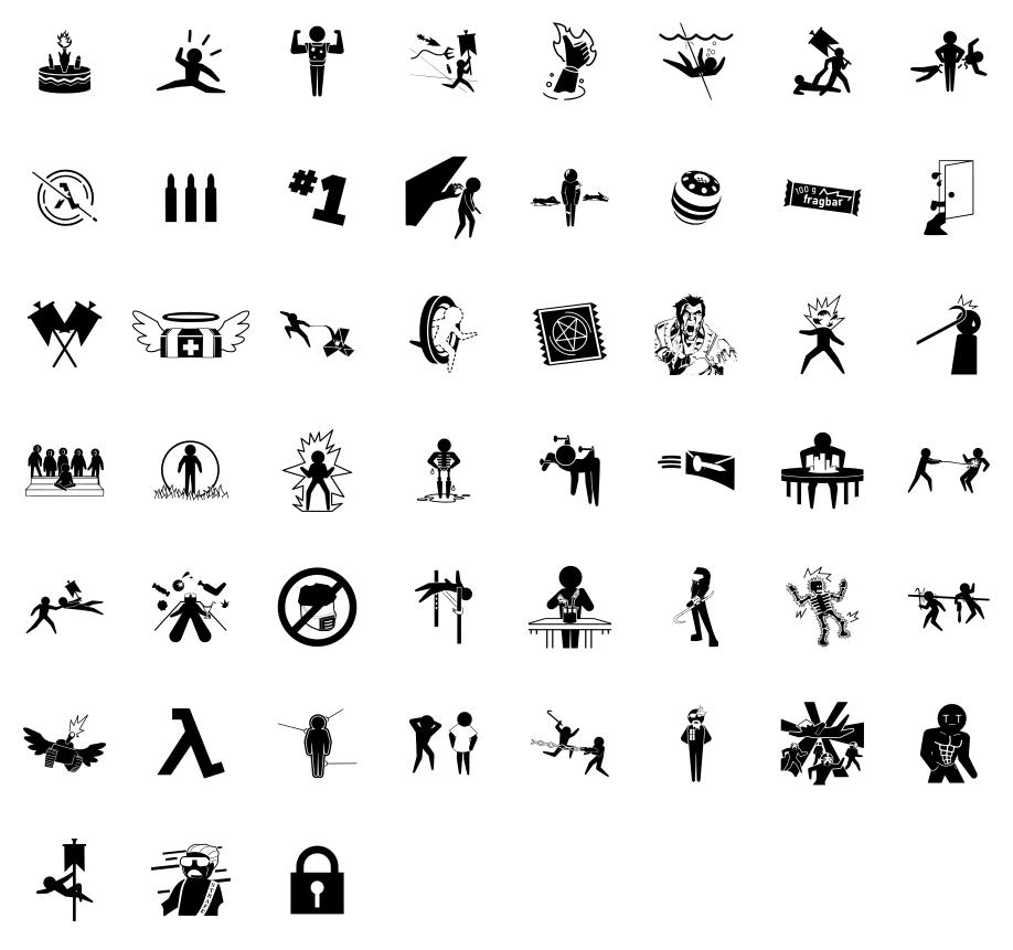 50 black and white icons depicting various actions from the game