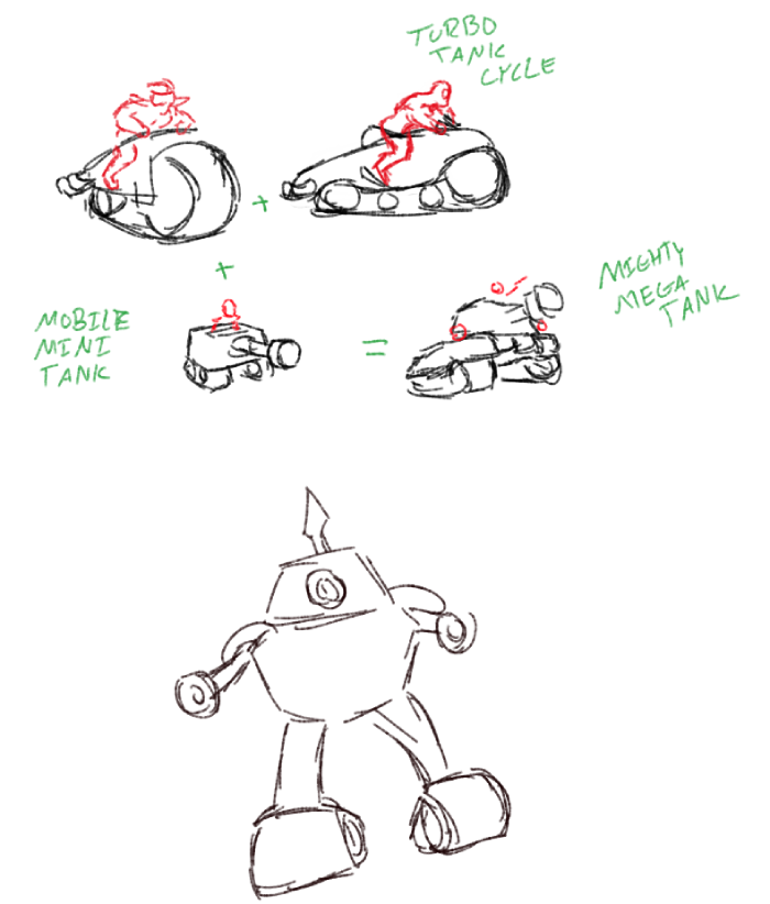 a sketch demo-ing the idea of a combined mech made up of smaller toys