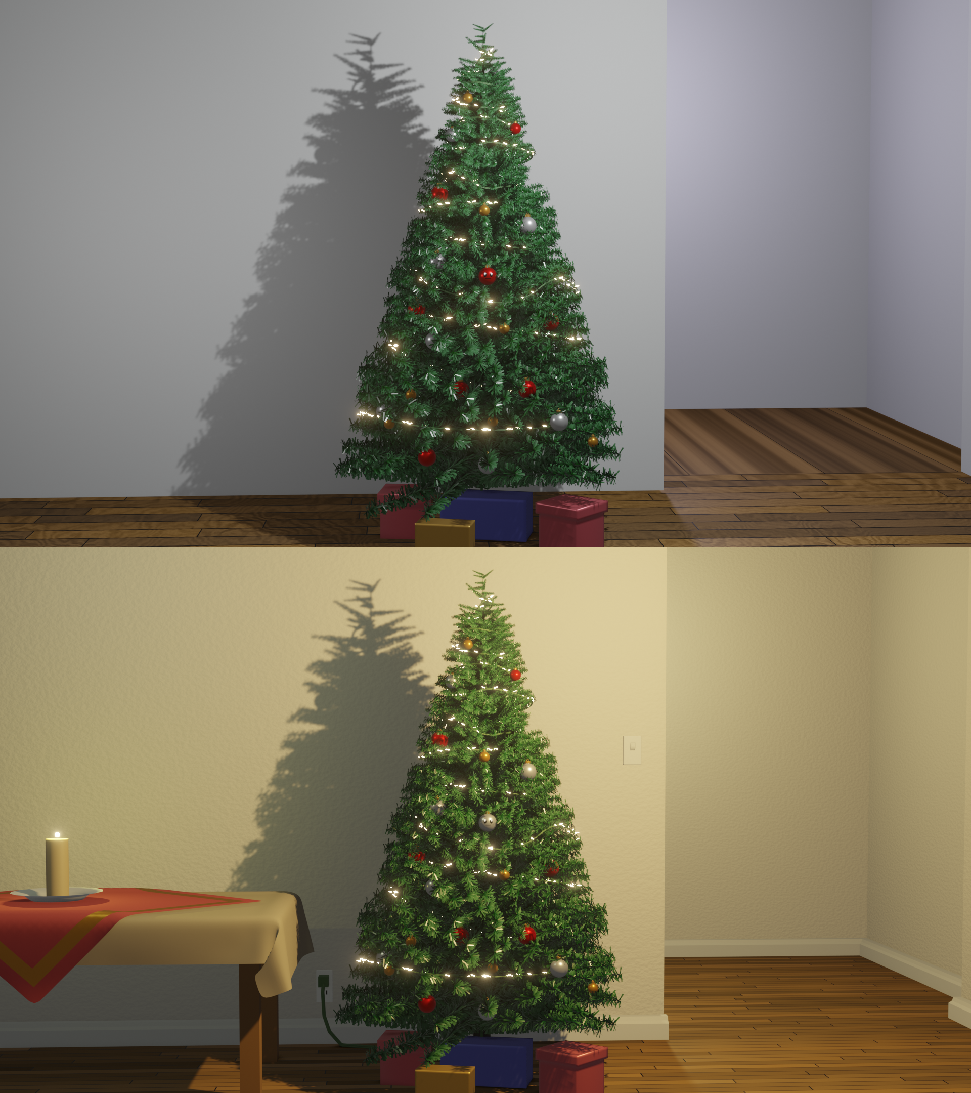 a christmas tree in a simply decorated room